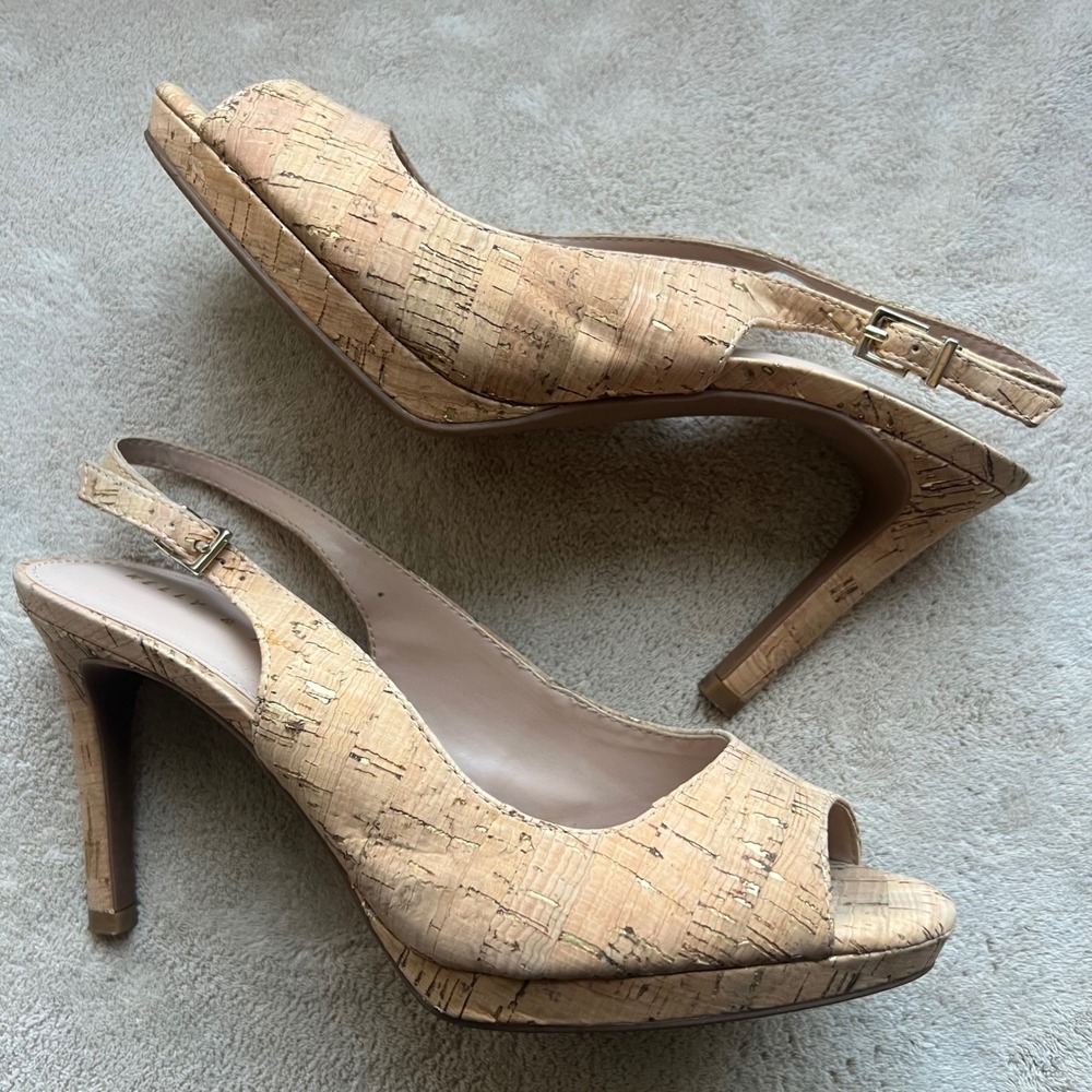 Kelly & Katie Women 8.5M Cork Slingback‎ Peep Toe Stiletto Heel Pumps Gold Fleck